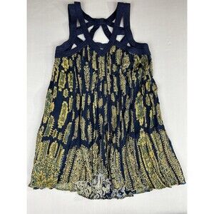 Cut Out Knit Tank Top Women's SM Blue Gold Print Boho Hippie Cottagecore 1990s